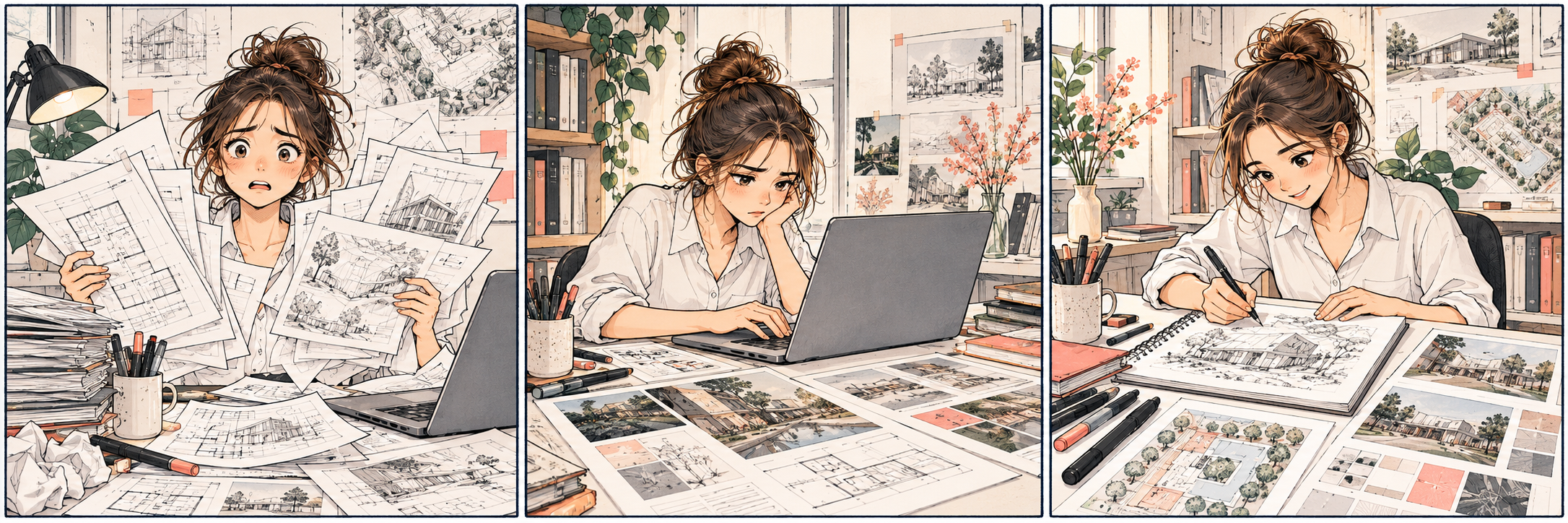 Three-panel illustration of an architecture student moving from deadline stress to a clearer presentation workflow